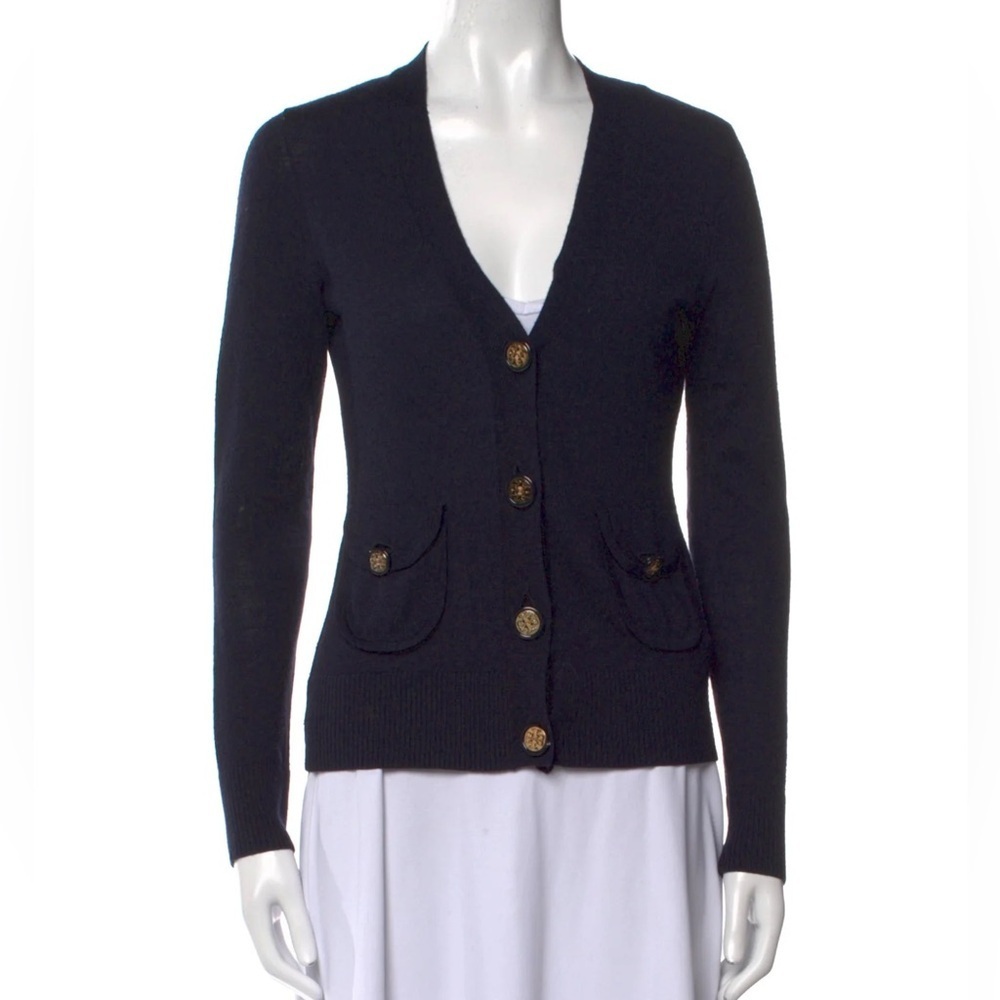 🔥 TORY BURCH V neck Navy Cardigan sweater Size Small